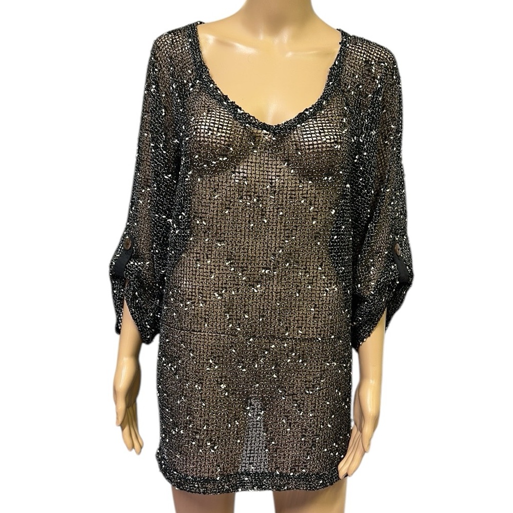 Frazzle Black Open Waffle Knit Button Tab Sleeve V Neck Coverup Top Womens Large